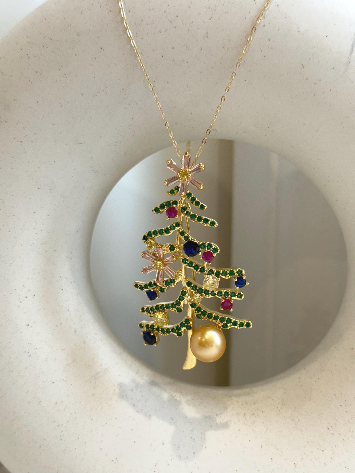 South Sea Golden Pearl Christmas Tree Brooch Pendant 2in1: 9.8x10.2mm, 3.3x6.2cm, colorful Christmas tree design. with s925 silver chain.