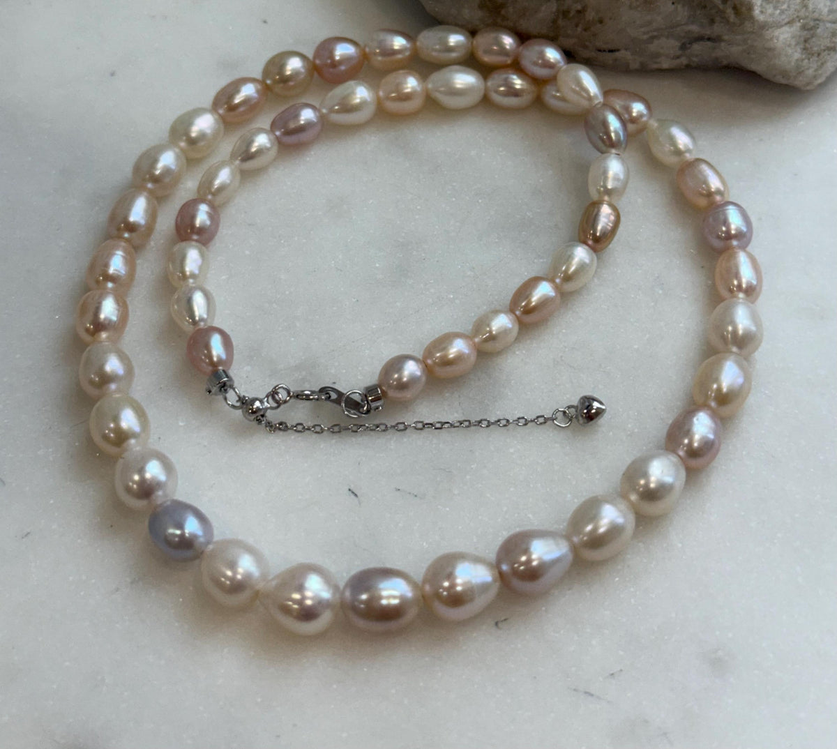 18.3” 5.3-7.7mm extreme luster Freshwater ivory rose multi color rice Pearls S925 silver necklace strand.