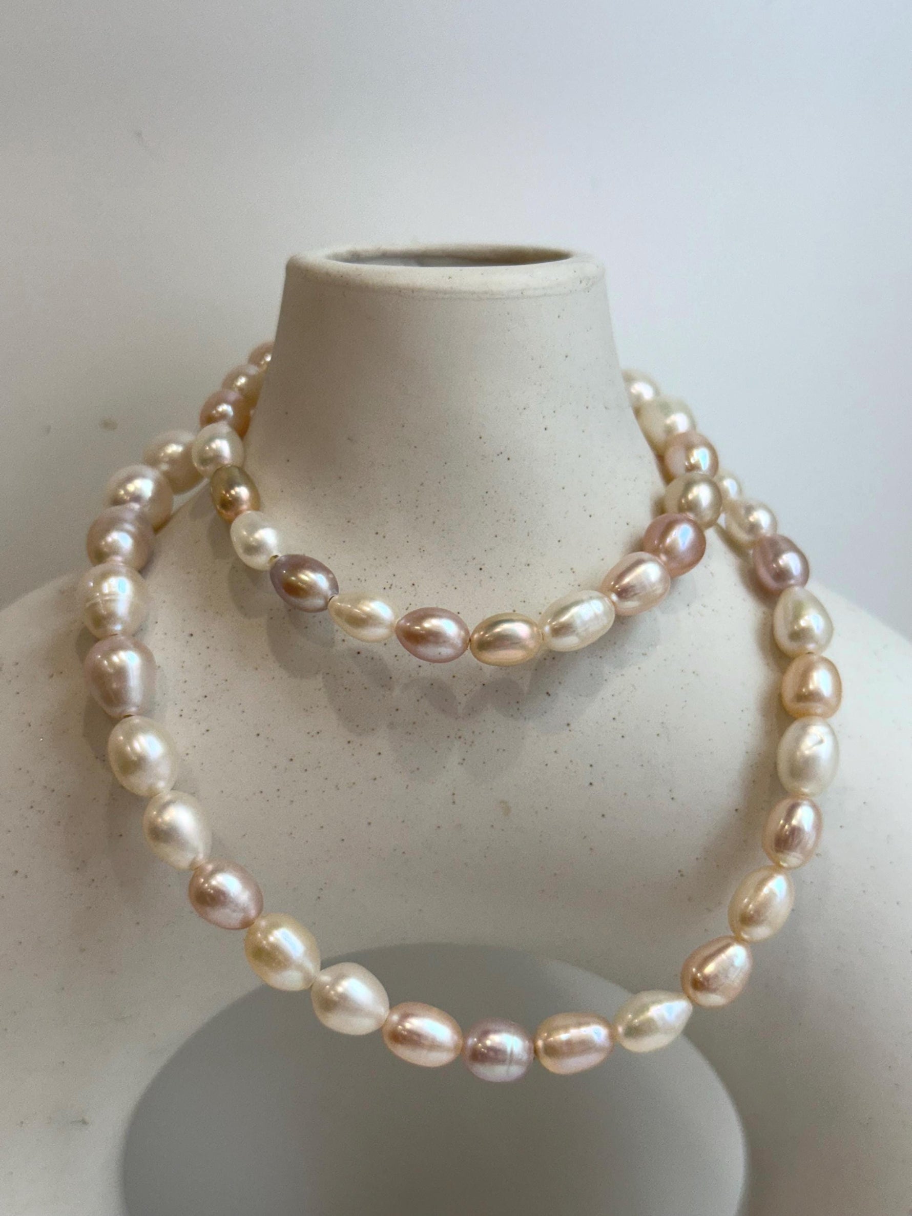 18.3” 5.3-7.7mm extreme luster Freshwater ivory rose multi color rice Pearls S925 silver necklace strand.