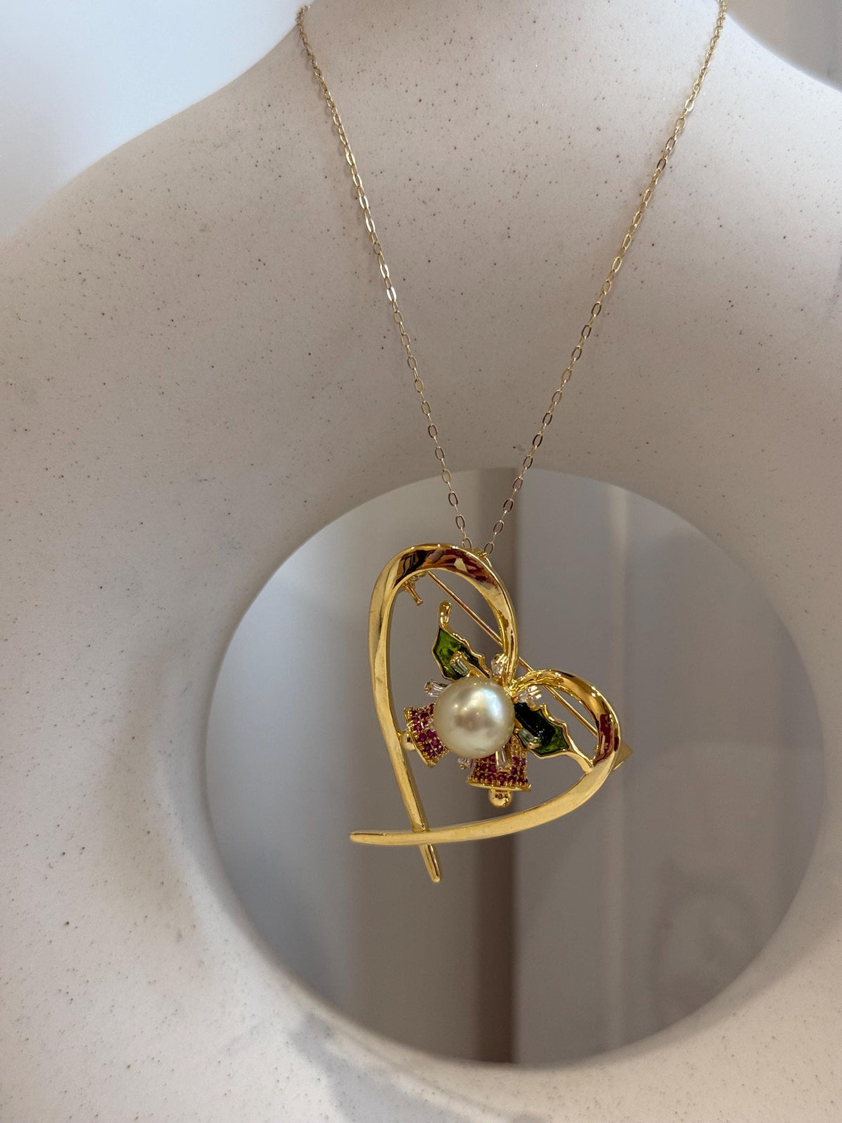 South Sea Golden Pearl Christmas Brooch Pendant 2in1: 8.8mm, Heart Bell design, 3.5x4cm. with s925 silver chain.