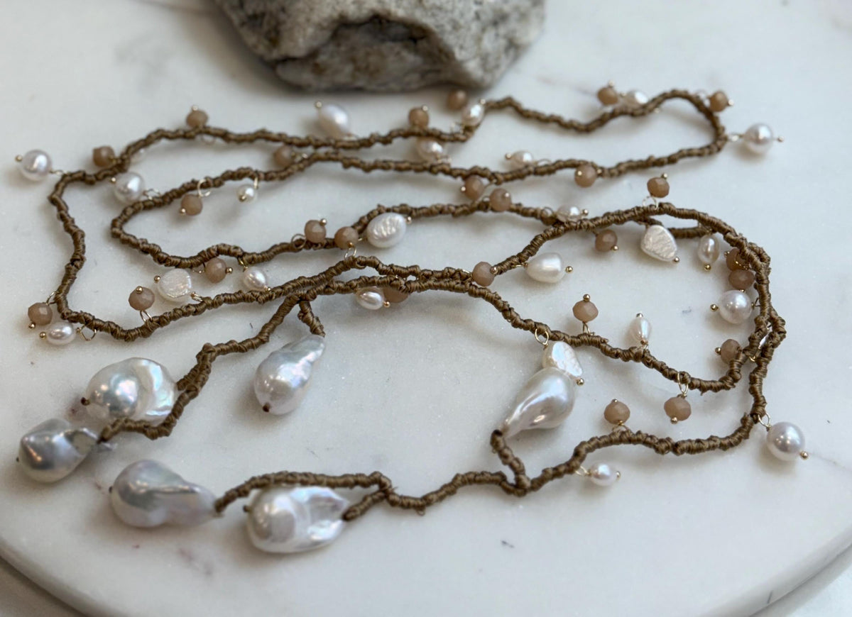 DDP Insale 45.7” 6pcs Strong luster Baroque Pearls Designed Sunstone Long Necklace. Hand made. To 25mm for her birthday