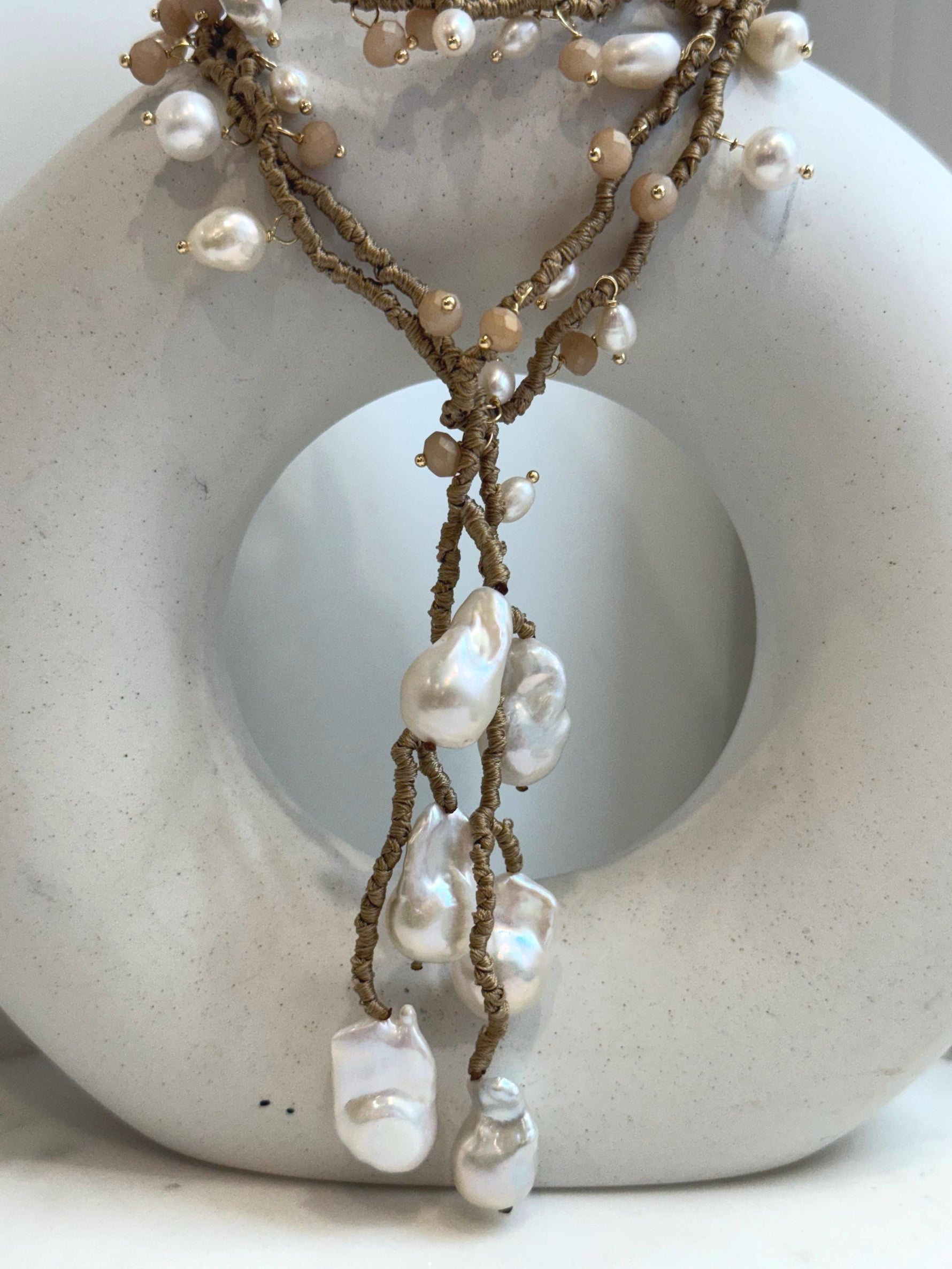 DDP Insale 45.7” 6pcs Strong luster Baroque Pearls Designed Sunstone Long Necklace. Hand made. To 25mm