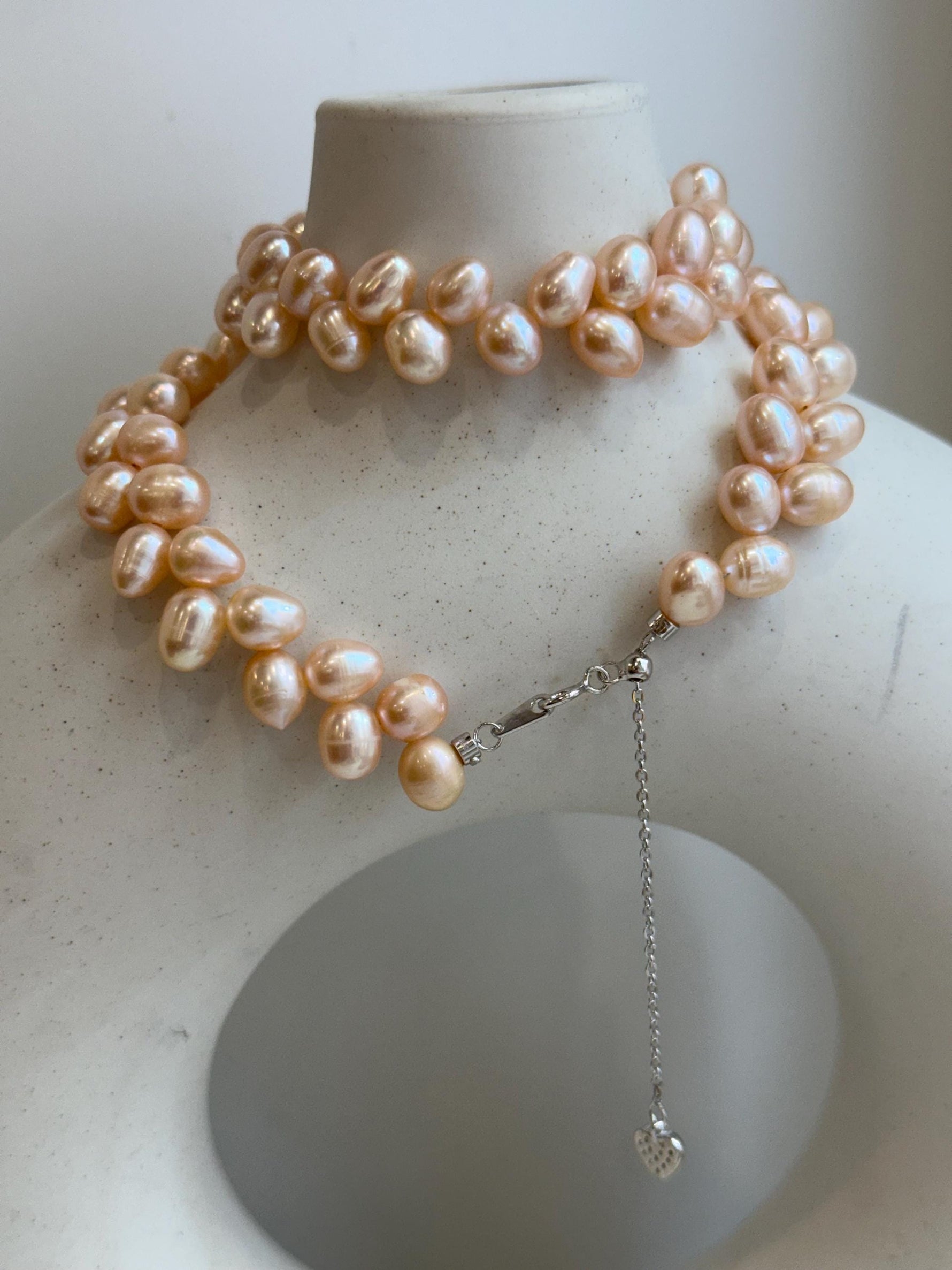 In sale Extreme luster Freshwater peach rice Pearls Necklace strand. 7-8mm 16.9”