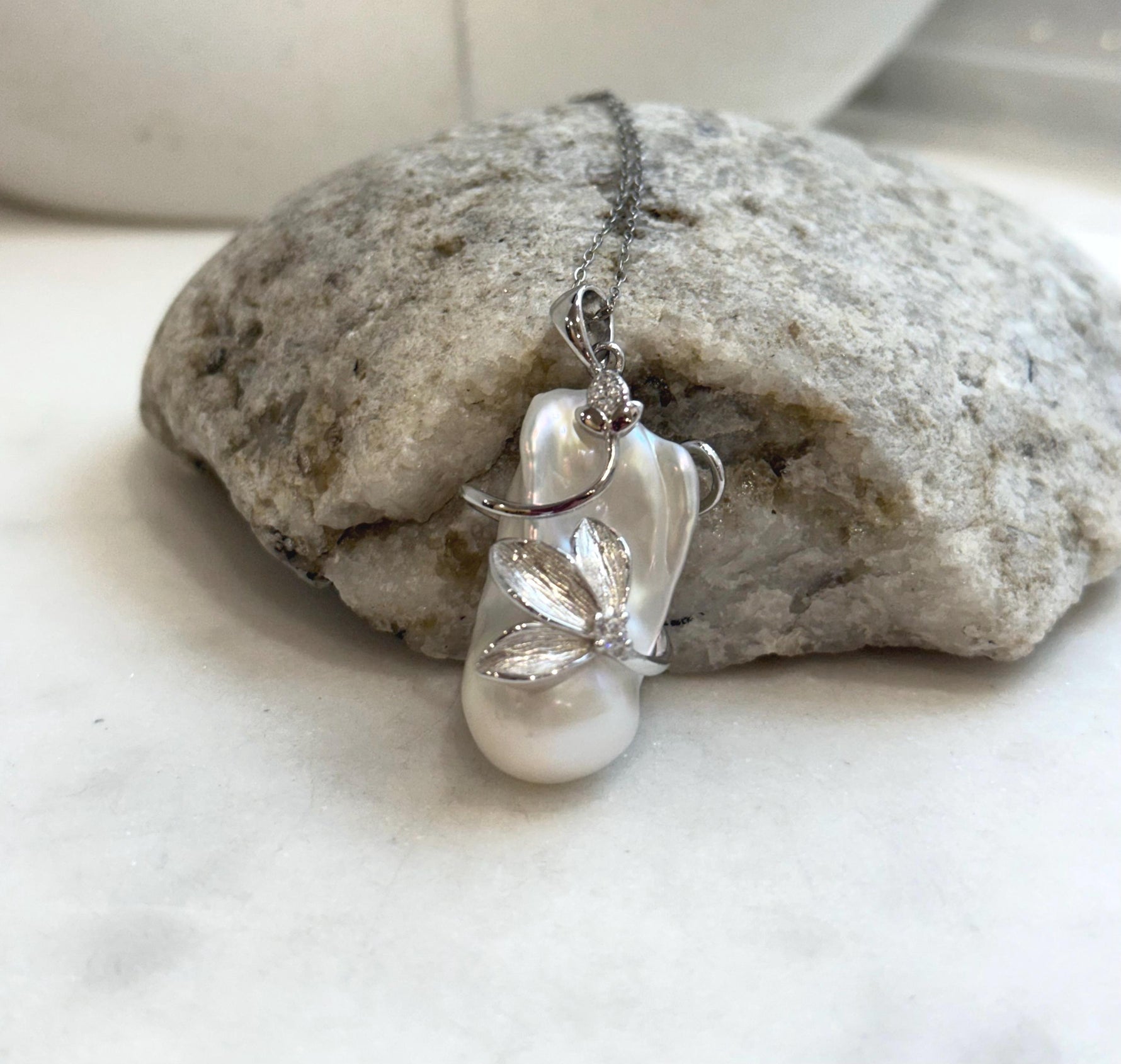 White Iridescent baroque pearl Pendant: Extreme luster, 15.6x29mm, 3.8 high, S925 silver Floral pendant chain necklace set.  gift for her daily wear