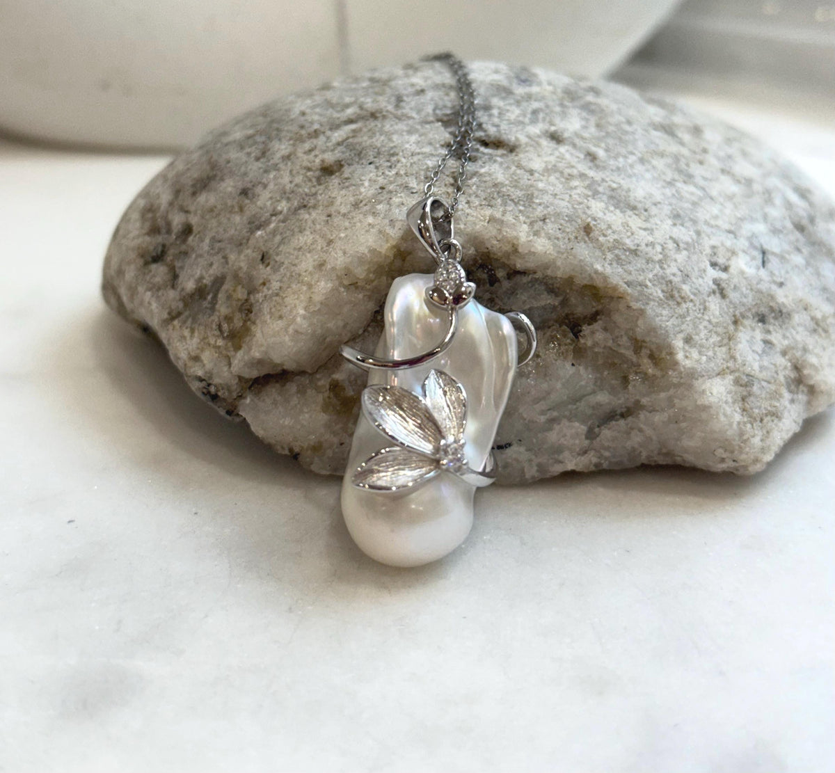 White Iridescent baroque pearl Pendant: Extreme luster, 15.6x29mm, 3.8 high, S925 silver Floral pendant chain necklace set.  gift for her birthday