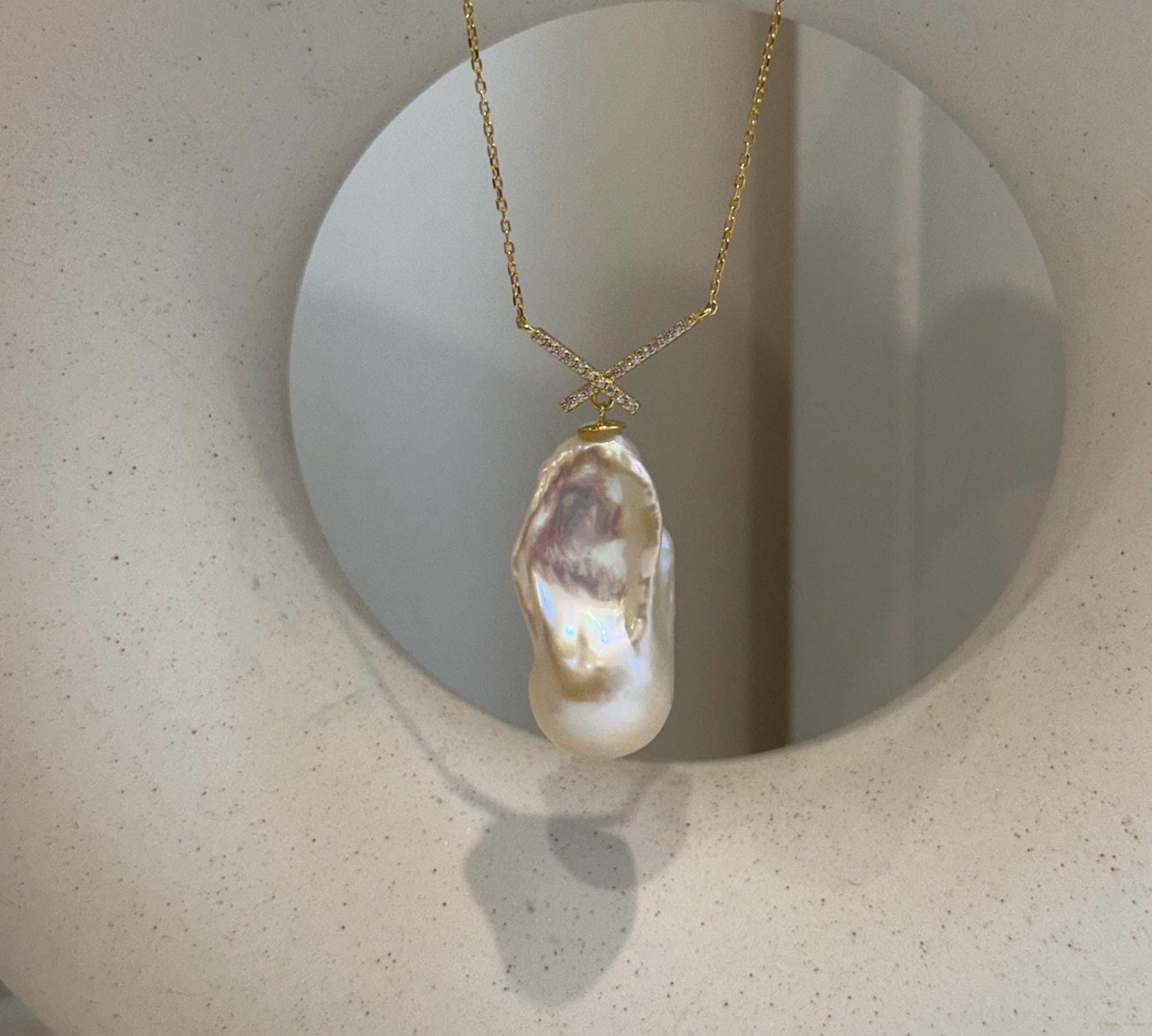 White Iridescent baroque pearl Pendant Necklace Set: Extreme luster, 15.5x31mm, S925 silver Cool pendant chain necklace set.gift for her birthday