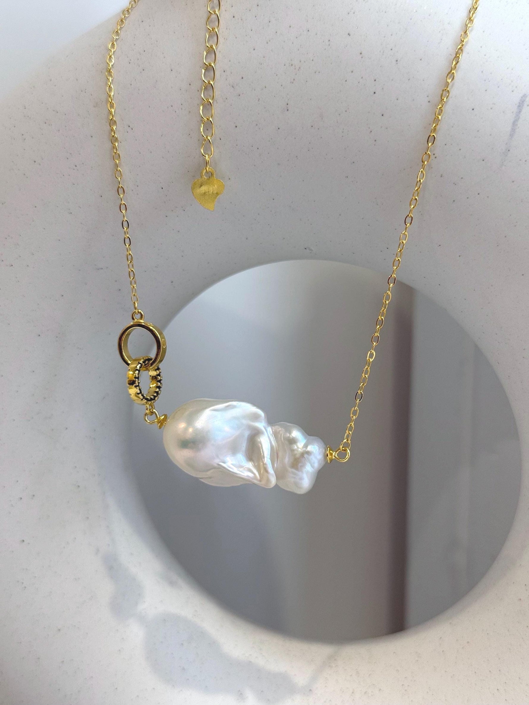 Insale White Iridescent baroque pearl Pendant Necklace Set: Extreme luster, 16.4x30mm, S925 silver Cool pendant chain necklace set. for her daily wear
