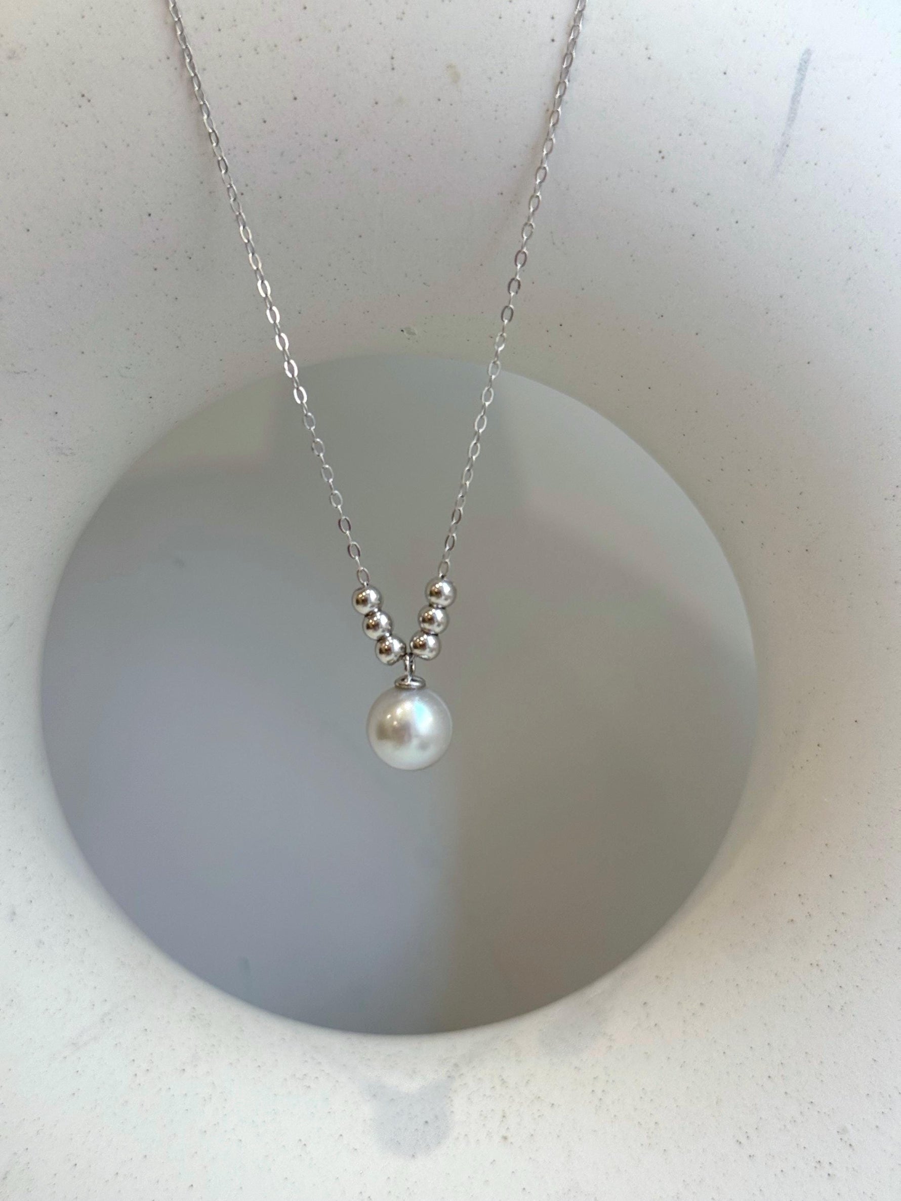 8.3mm Extreme luster Akoya silver blue Ocean Pearl s925 silver beads pendant Necklace chain set. gift for her anniversary
