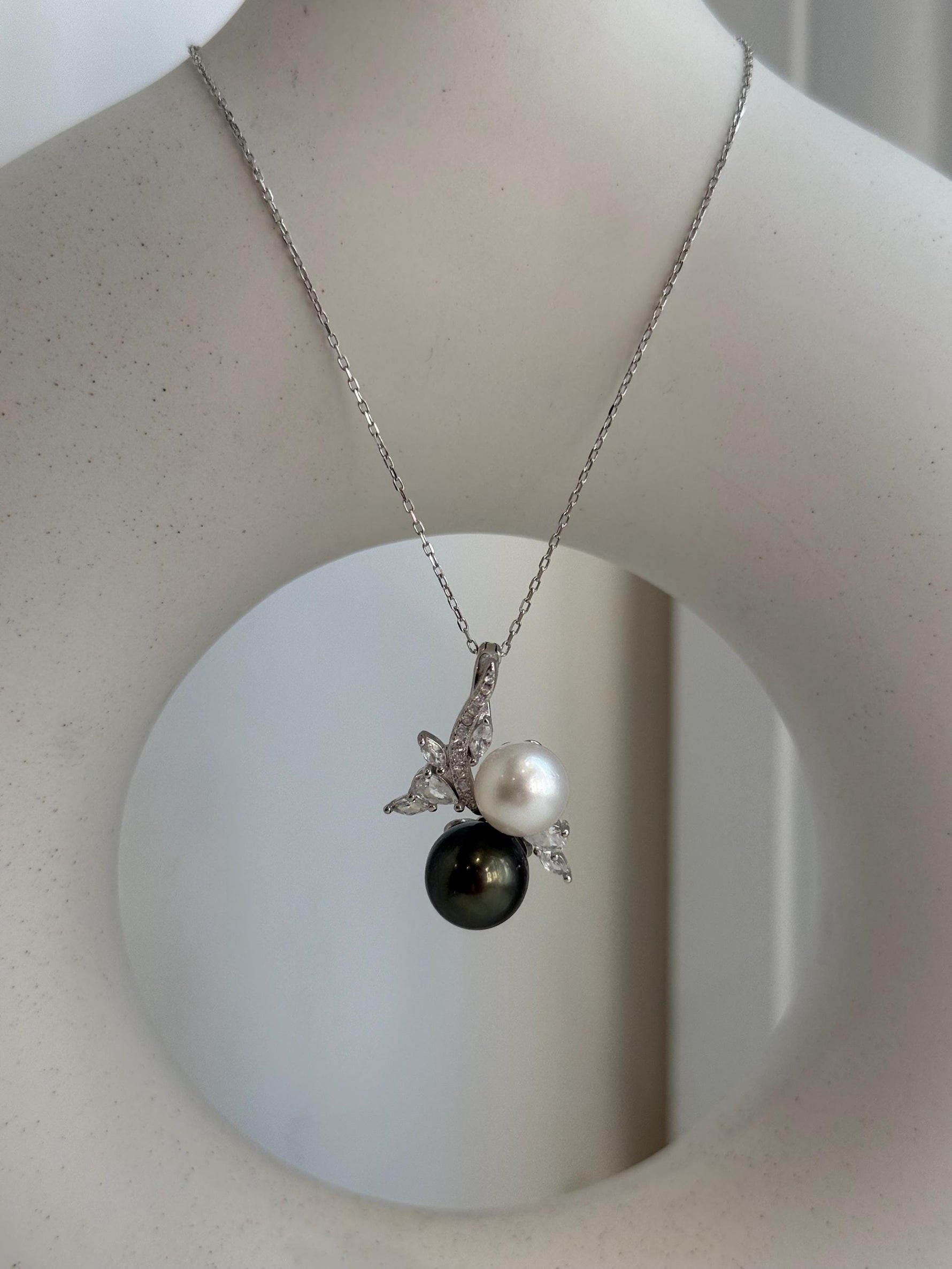 Australian Ocean White Tahitian ocean green Double pearls Ring: 9.3-10.3mm, Extreme luster, S925 Silver floral pendant necklace set.