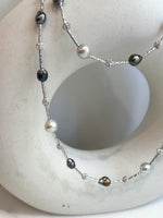 Tahitian Keshi S925 Silver Designed Long Necklace: Extreme luster Tahitian Keshi Akoya Blue Silver Ocean Ocean pearls,  to 28” long. for her anniversary
