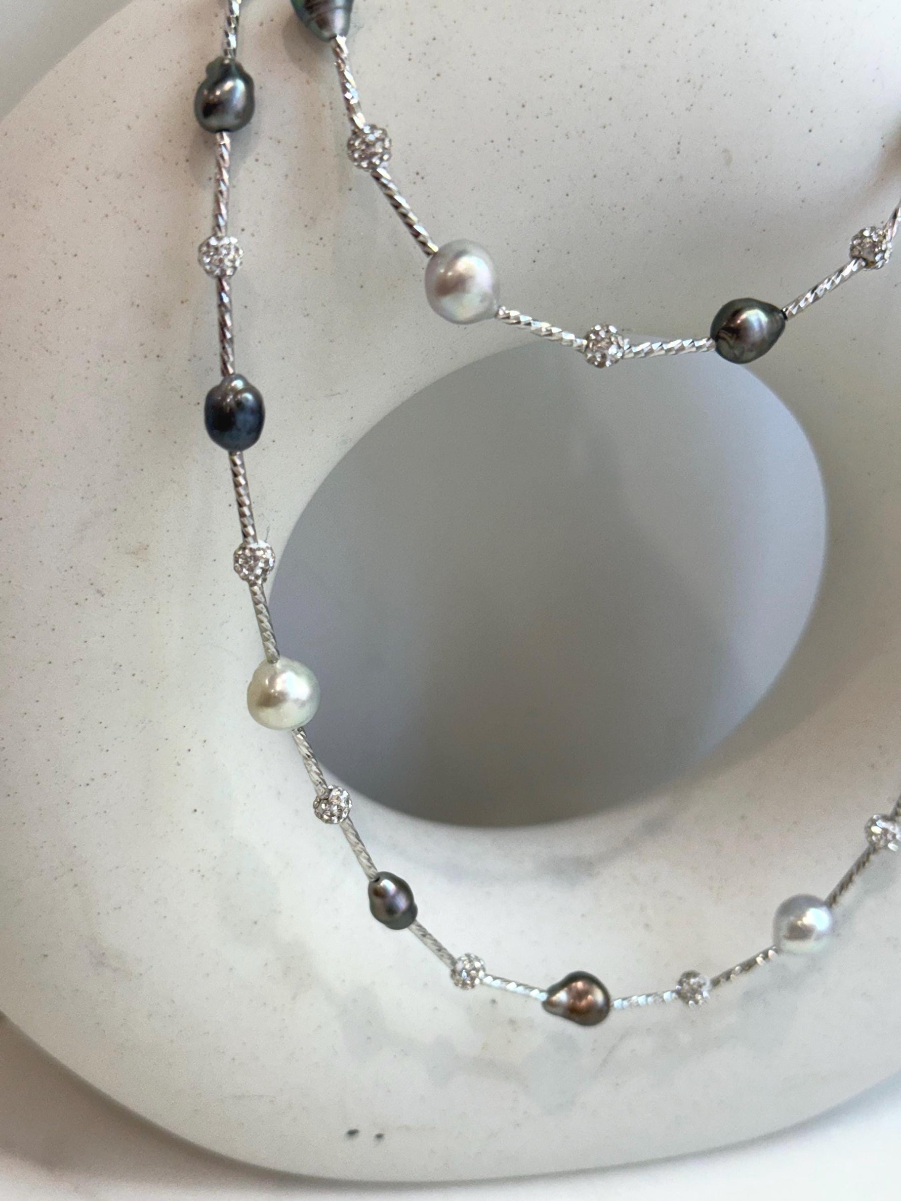 Tahitian Keshi S925 Silver Designed Long Necklace: Extreme luster Tahitian Keshi Akoya Blue Silver Ocean Ocean pearls,  to 28” long. for her anniversary