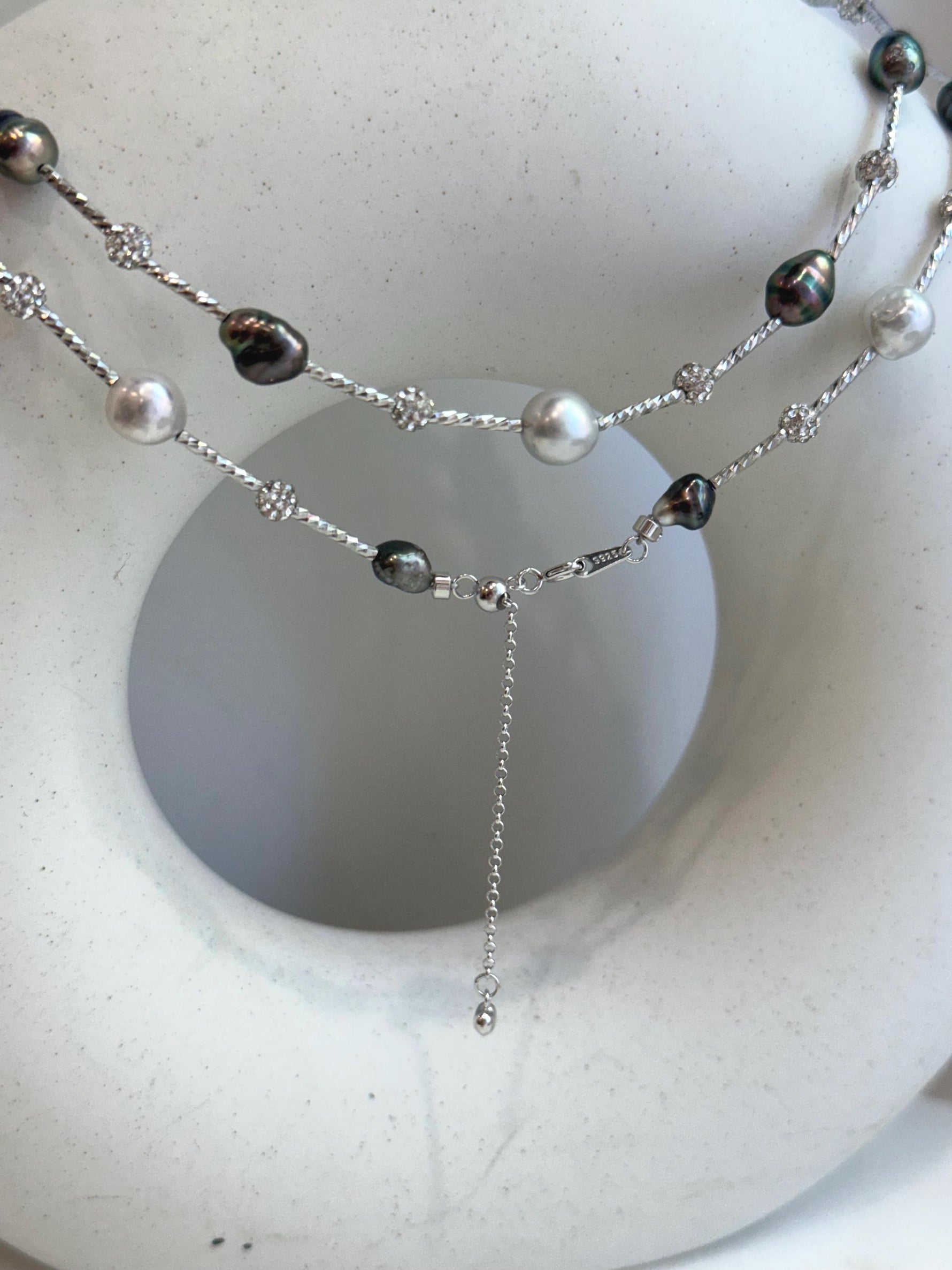Tahitian Keshi S925 Silver Designed Long Necklace: Extreme luster Tahitian Keshi Akoya Blue Silver Ocean Ocean pearls,  to 28” long.