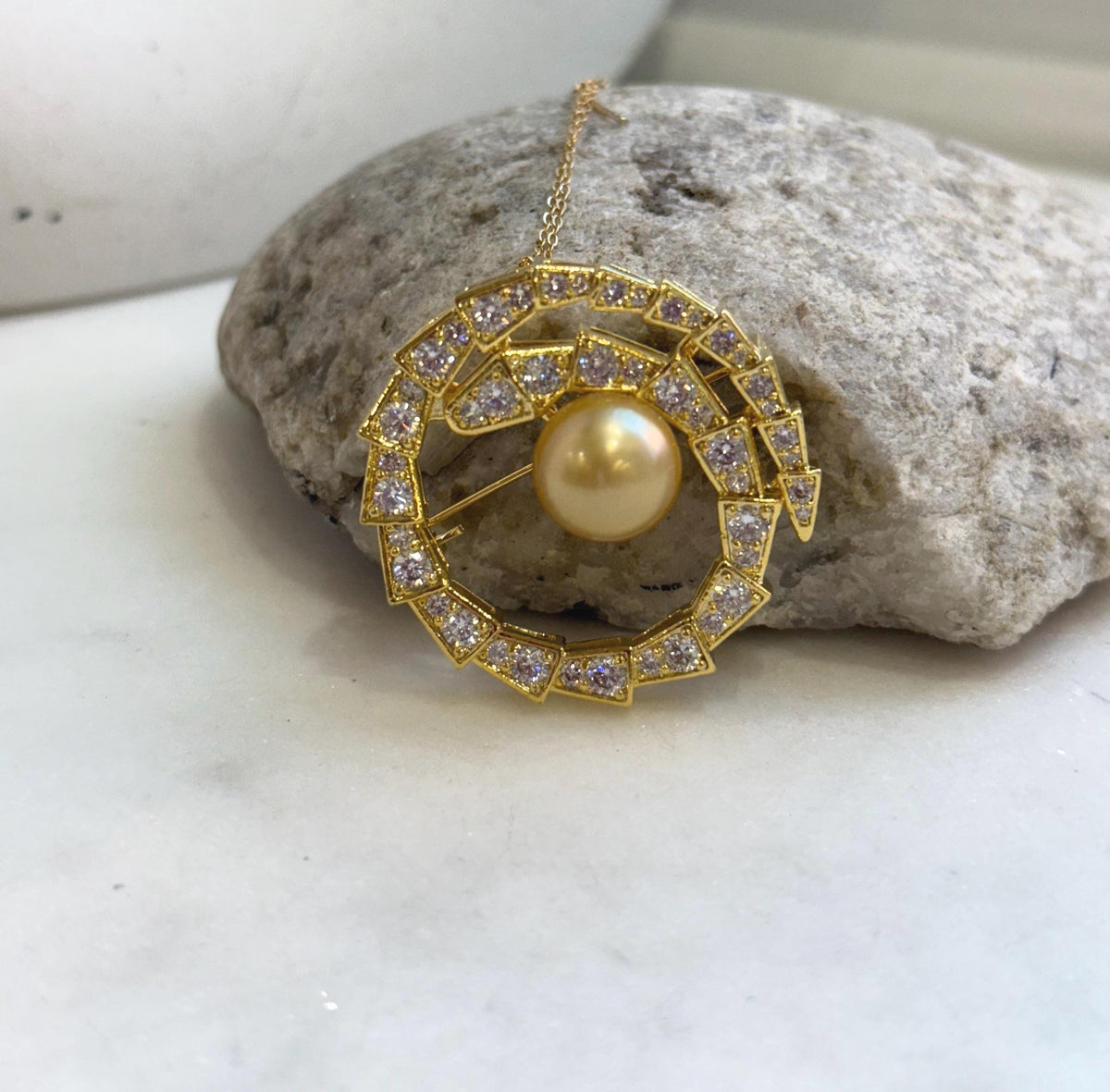 South Sea Golden Pearl Snake Brooch Pendant 2in1: 11.4mm 3.6cm dia, cool. s925 silver chain for seperate purchase.