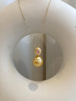 15mm Huge South Sea Golden Ocean Pearl Pendant: Strong luster, S925 Silver Vintage pendant, pink zircon.