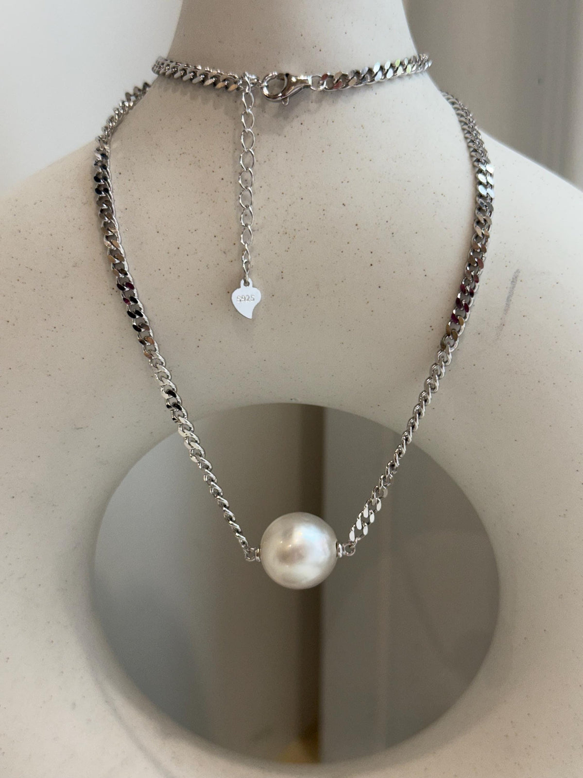 12.9mm Insale Australian ocean white pearl Necklace: Extreme luster, S925 silver thick chain necklace, to 17.7”