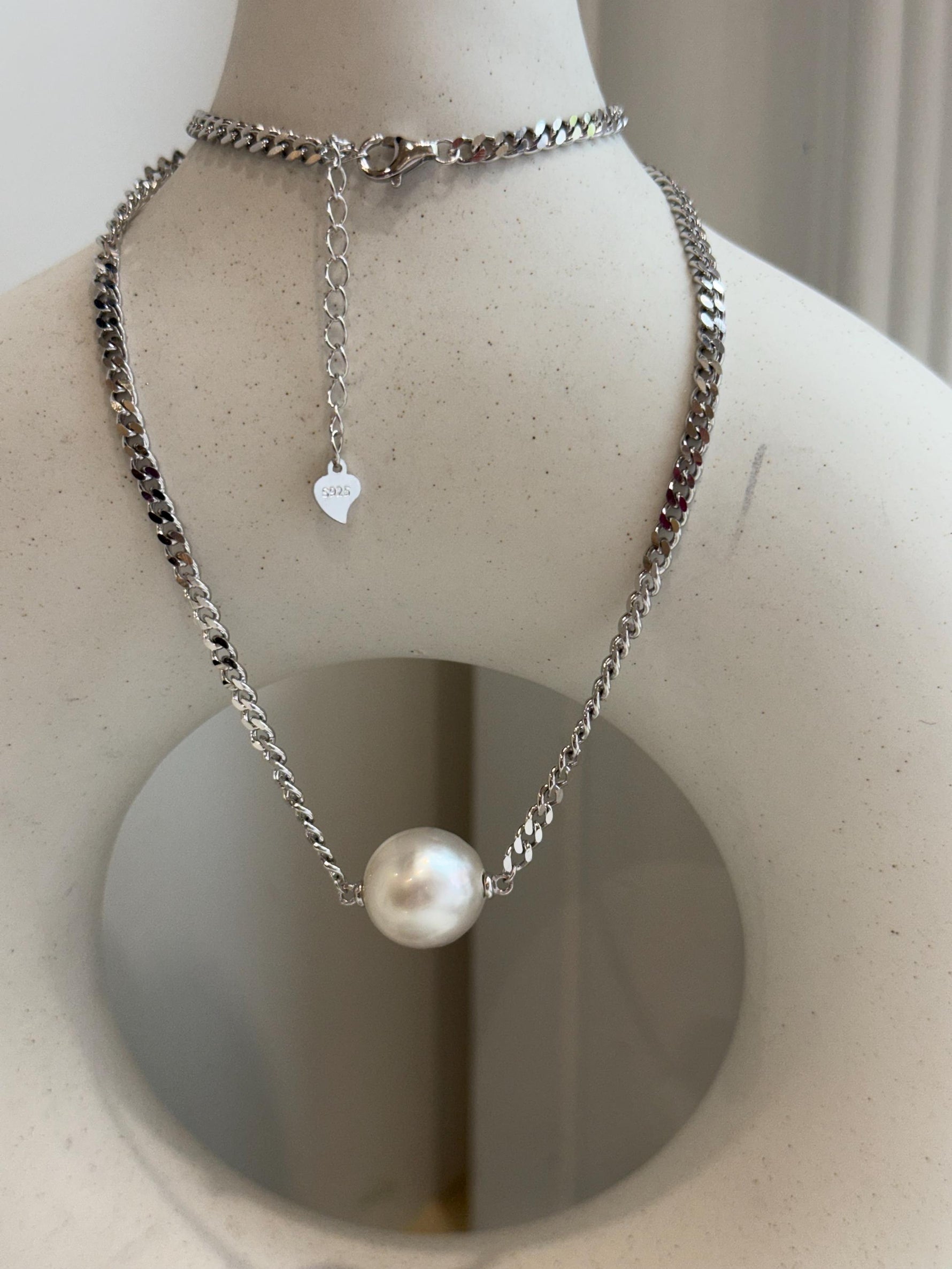12.9mm Insale Australian ocean white pearl Necklace: Extreme luster, S925 silver thick chain necklace, to 17.7”