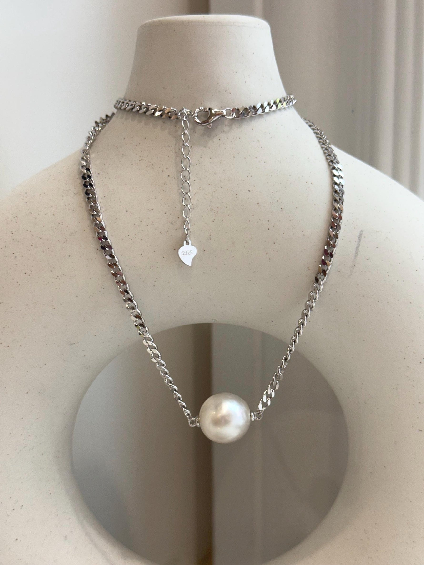 12.9mm Insale Australian ocean white pearl Necklace: Extreme luster, S925 silver thick chain necklace, to 17.7” for her daily wear