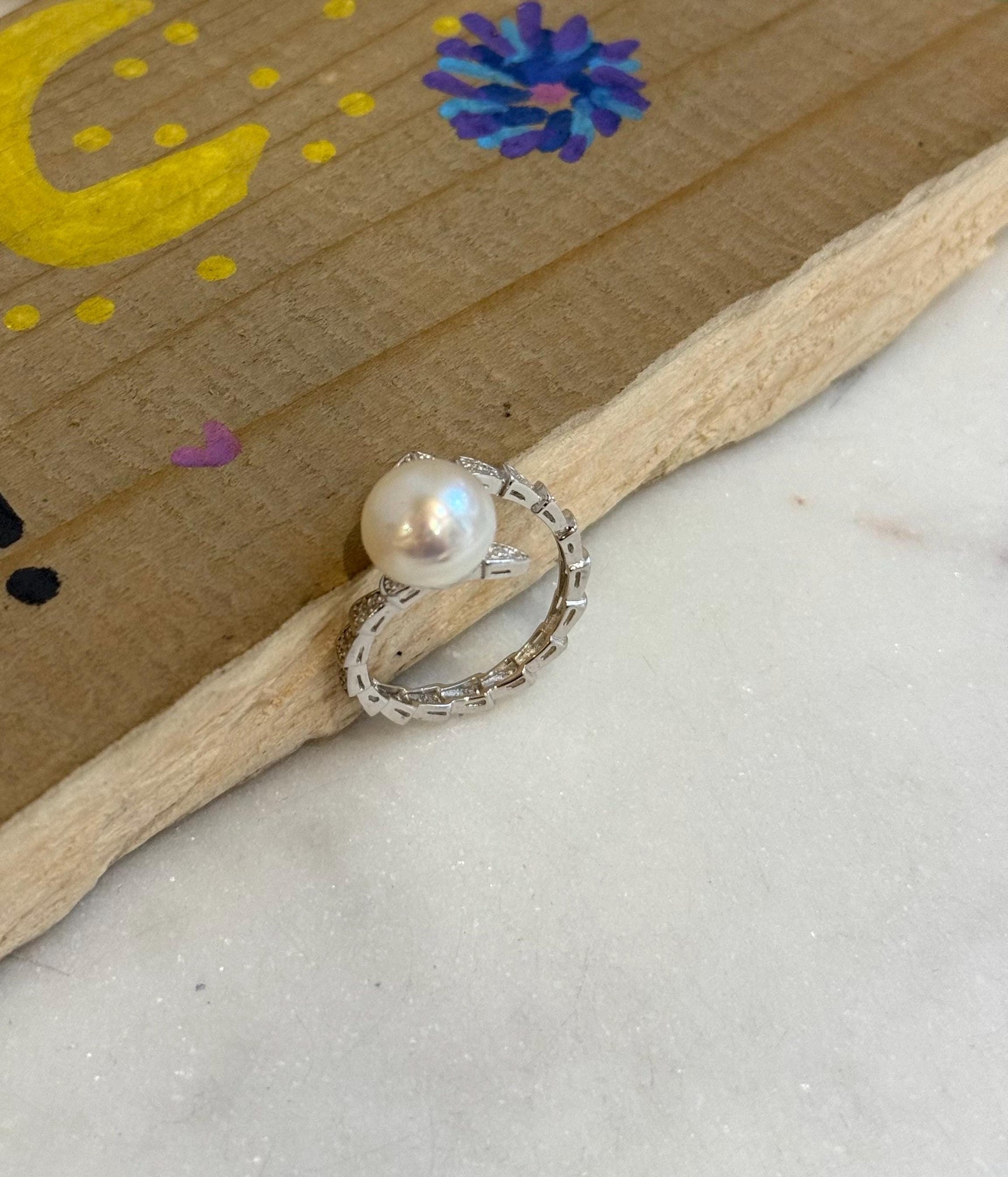 Australian ocean white pearl Ring: Extreme luster, 9.8mm, S925 silver adjustable Snake Ring. for her birthday