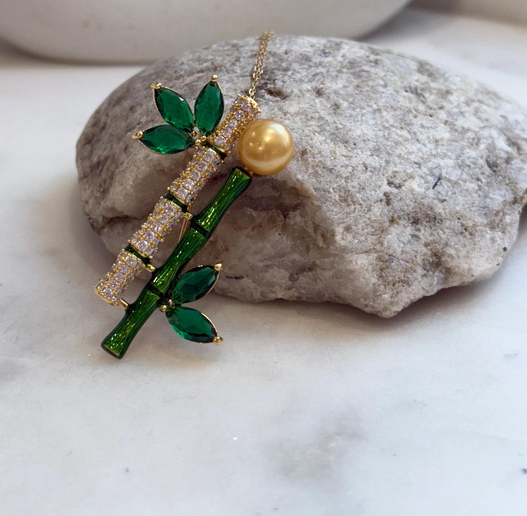 South sea golden pearl brooch pendant 2in1: Extreme luster mirrored, 9.5mm, ultra gold pearl, 2.3x4.8cm, Bamboo design Brooch.