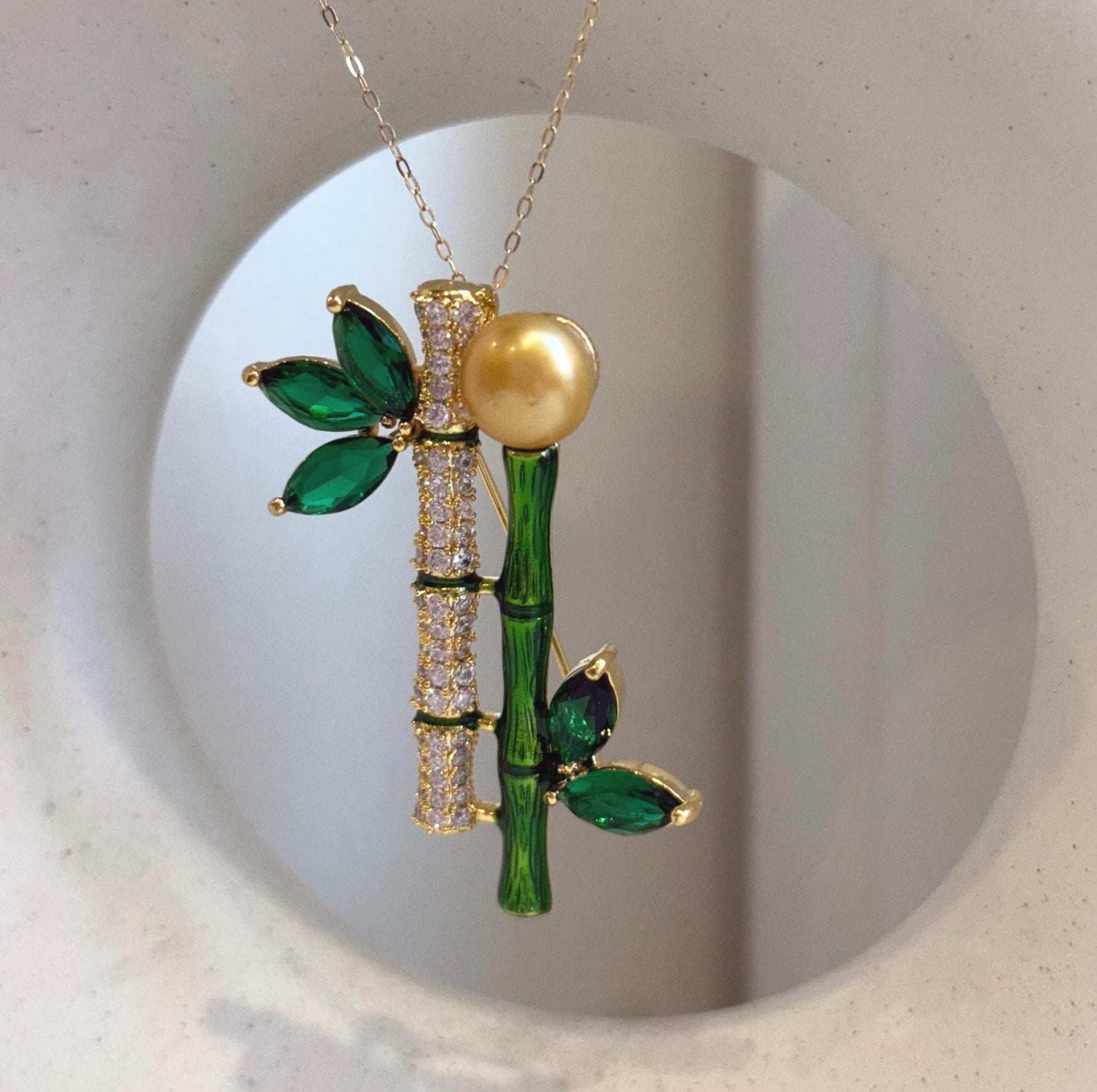 South sea golden pearl brooch pendant 2in1: Extreme luster mirrored, 9.5mm, ultra gold pearl, 2.3x4.8cm, Bamboo design Brooch. for her birthday
