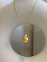 South sea golden ocean pearl vintage pendant: 13.4mm strong luster, deep golden pearl, s925 silver vintage pendant necklace set.