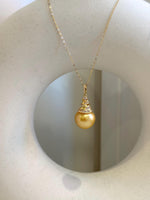South sea golden ocean pearl vintage pendant: 13.4mm strong luster, deep golden pearl, s925 silver vintage pendant necklace set.