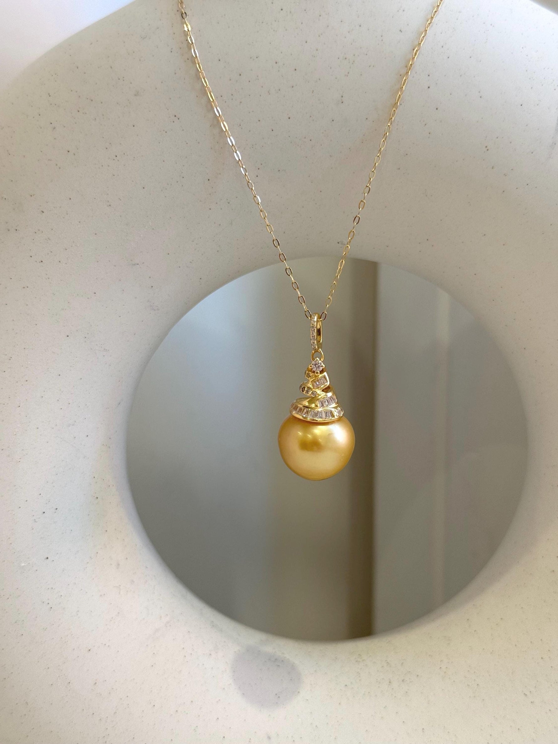 South sea golden ocean pearl vintage pendant: 13.4mm strong luster, deep golden pearl, s925 silver vintage pendant necklace set.