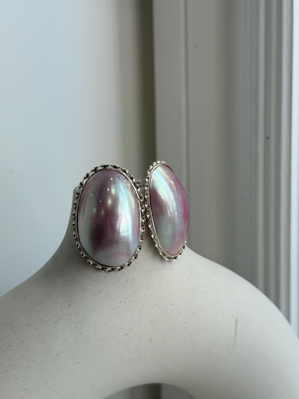 To 34mm Pink iridescent Ocean Mabe Huge Earrings: Extreme luster, 22x34mm, S925 silver earrings.