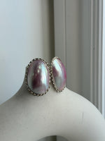 To 34mm Pink iridescent Ocean Mabe Huge Earrings: Extreme luster, 22x34mm, S925 silver earrings.