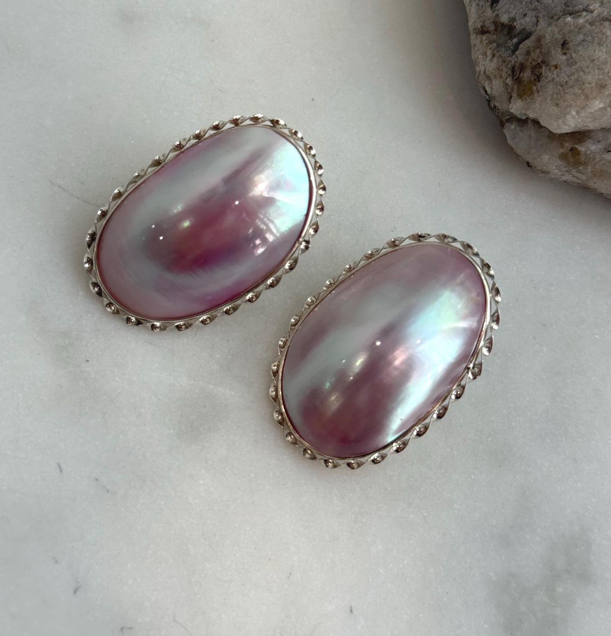 To 34mm Pink iridescent Ocean Mabe Huge Earrings: Extreme luster, 22x34mm, S925 silver earrings.