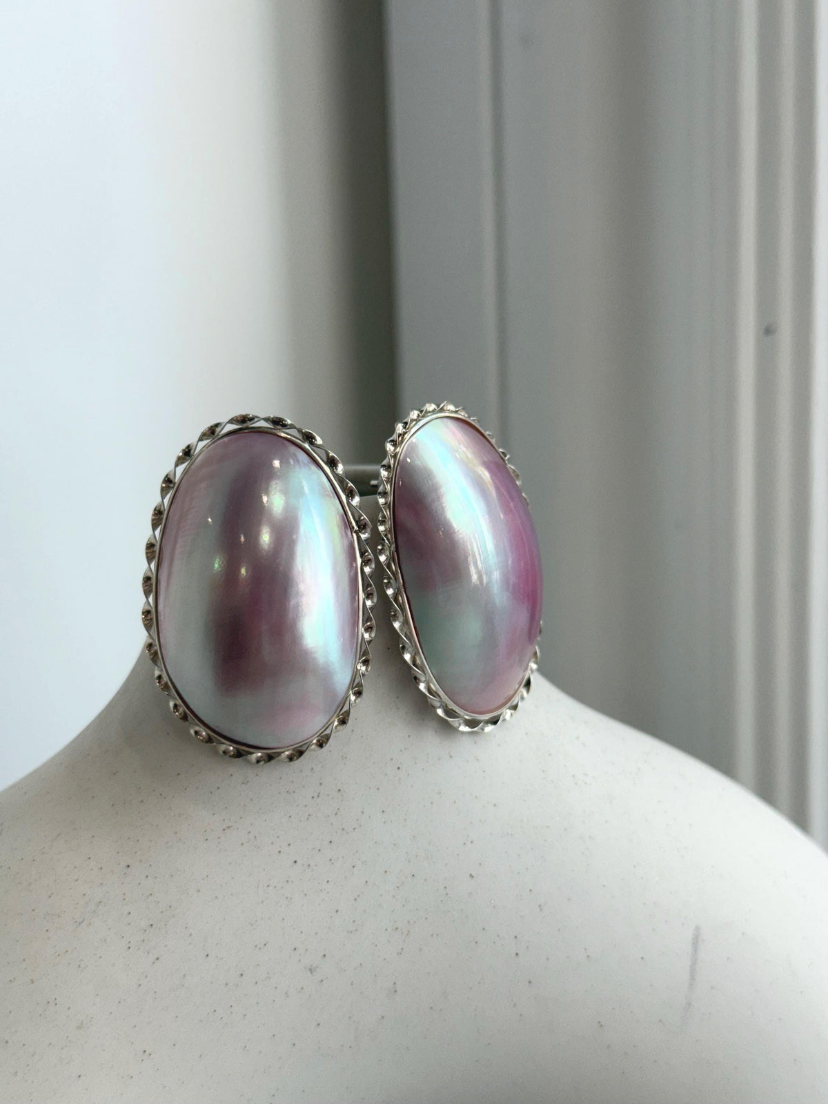 To 34mm Pink iridescent Ocean Mabe Huge Earrings: Extreme luster, 22x34mm, S925 silver earrings.