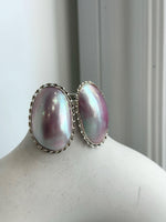 To 34mm Pink iridescent Ocean Mabe Huge Earrings: Extreme luster, 22x34mm, S925 silver earrings.