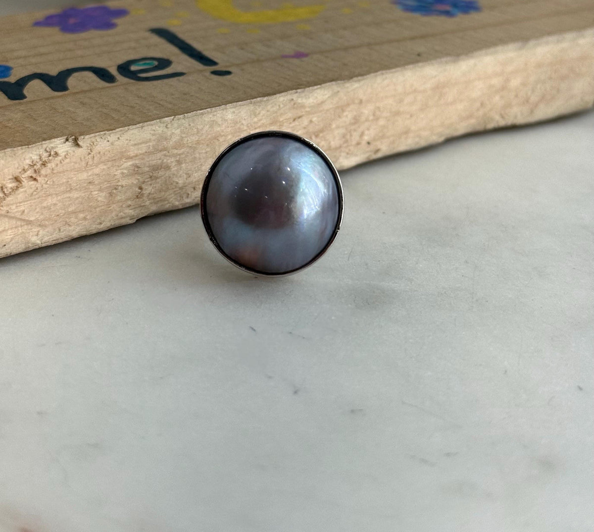 20.5mm Blue silver mauve iridescent Ocean Round Mabe Pearl Ring: Extreme luster, S925 Silver base adjustable Ring. for her birthday