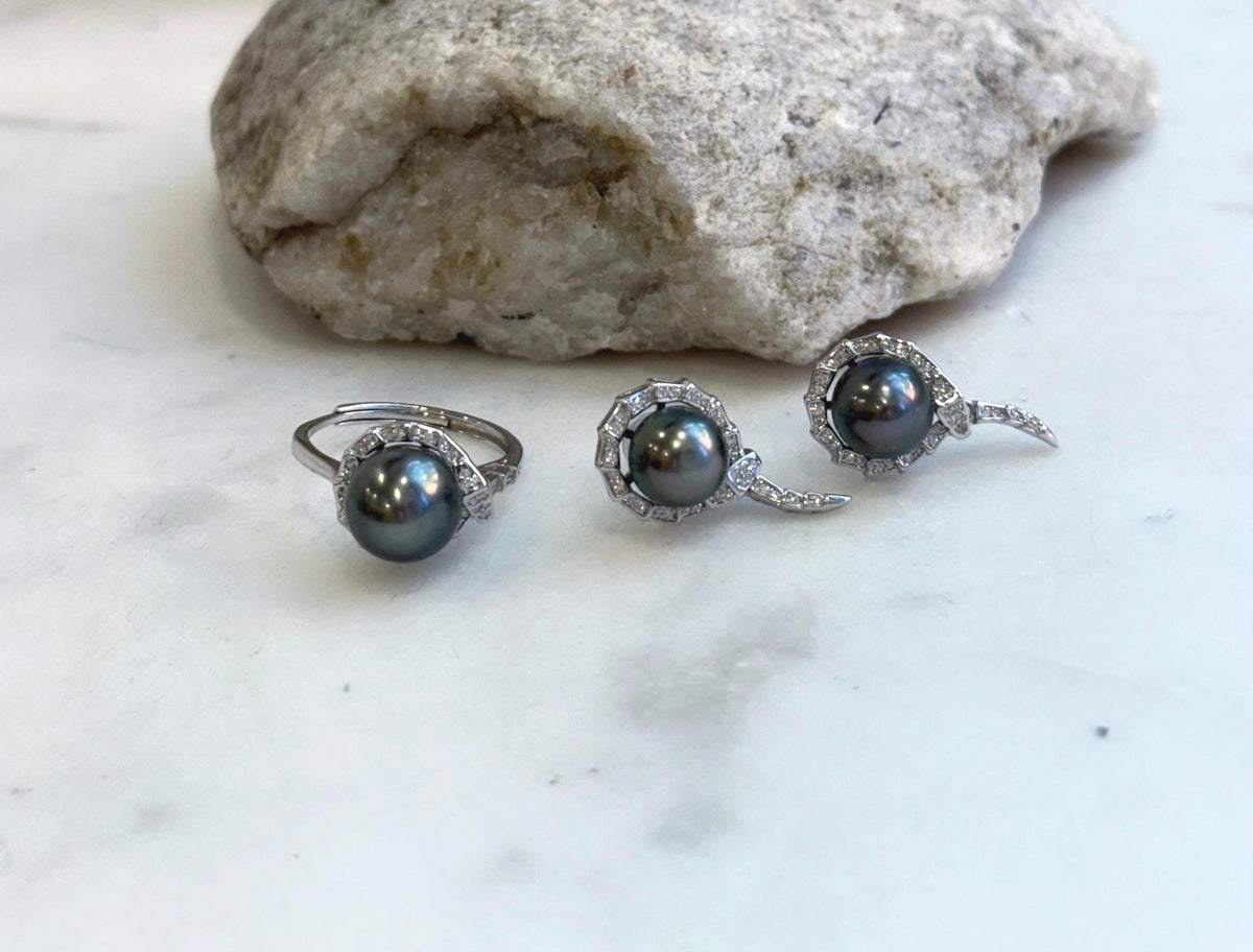 Whole set! Tahitian ocean pearls Pendant Earrings Set: Extreme luster mirrored effect, 8.4-9.6mm, S925 silver snake pendant necklace earrings set.