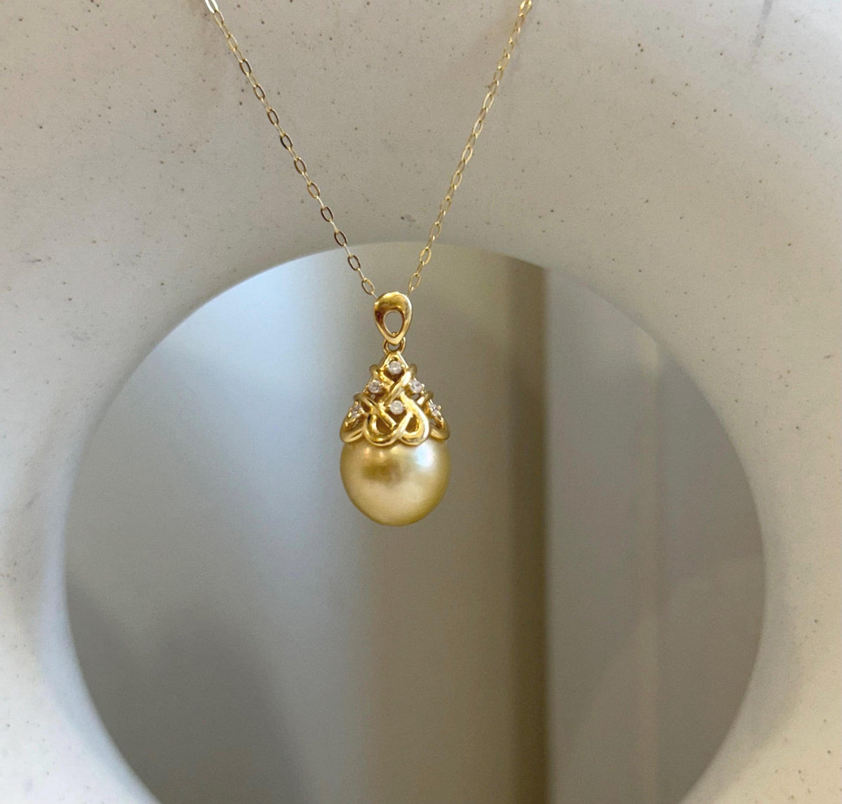 South sea golden Pearl Vintage Pendant: Strong luster, 10.8mm, 2.3cm high, S925 silver with zircon Pendant with silver chain.