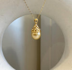 South sea golden Pearl Vintage Pendant: Strong luster, 10.8mm, 2.3cm high, S925 silver with zircon Pendant with silver chain.
