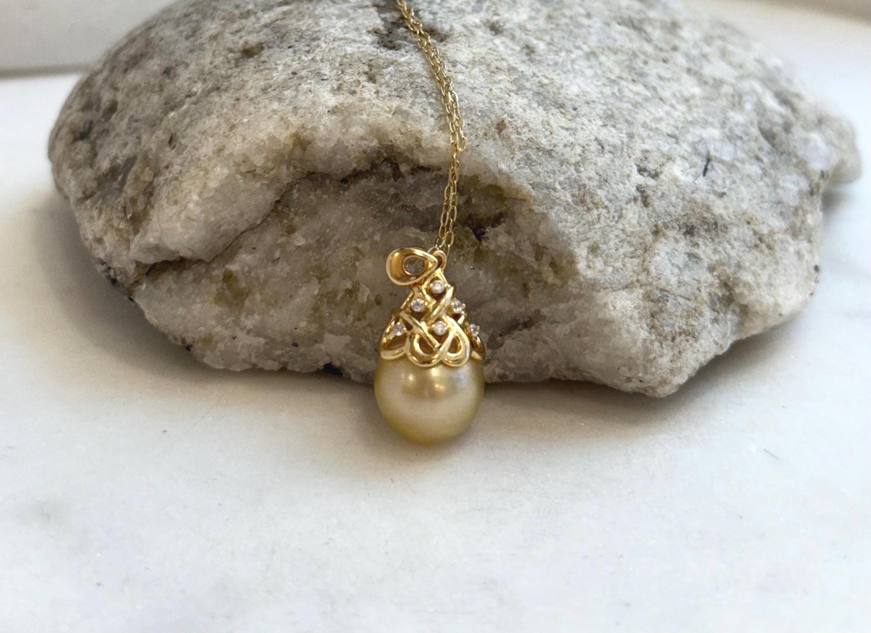 South sea golden Pearl Vintage Pendant: Strong luster, 10.8mm, 2.3cm high, S925 silver with zircon Pendant with silver chain.  for her daily wear