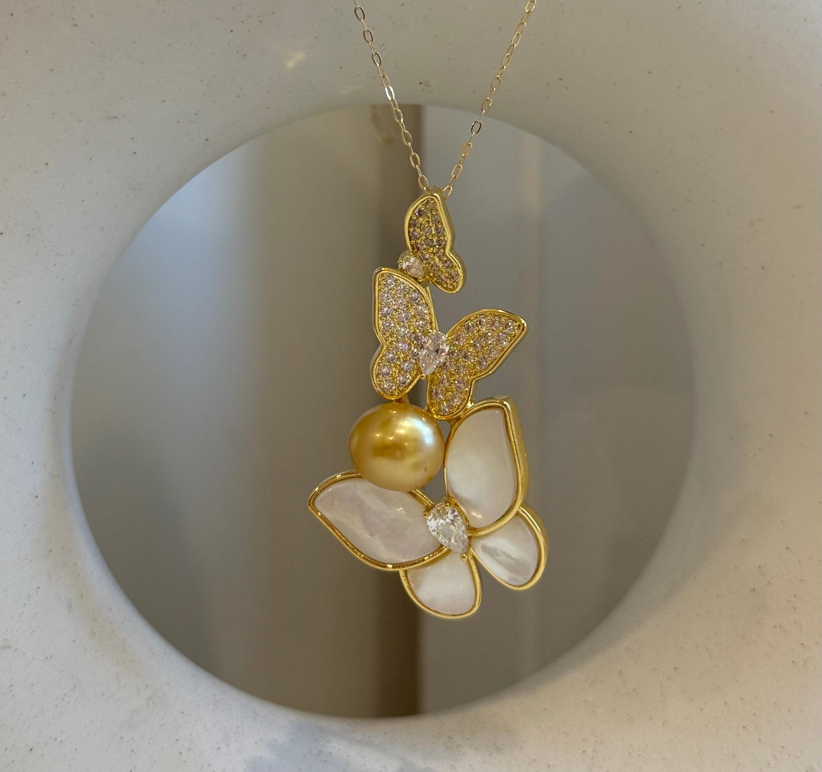 South Sea pure Golden Ocean Pearl Brooch Pendant 2in1: Extreme luster 9.5x10.5mm, cool butterfly design brooch. with s925 silver chain.