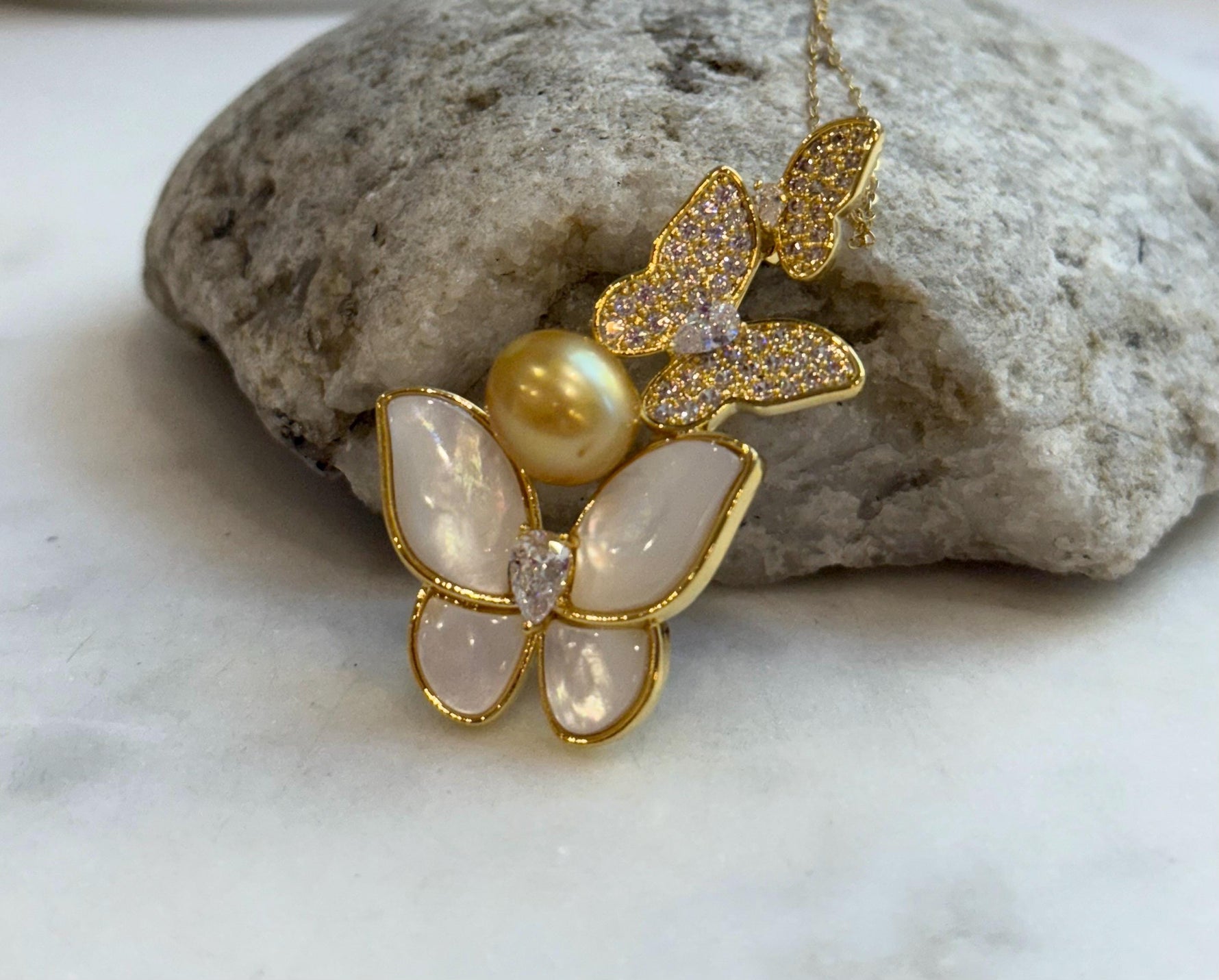 South Sea pure Golden Ocean Pearl Brooch Pendant 2in1: Extreme luster 9.5x10.5mm, cool butterfly design brooch. with s925 silver chain. for her birthday