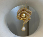 South Sea ultra Golden Ocean Pearl Brooch Pendant 2in1: Extreme luster 9.4mm, 3.5x5.4cm cool Floral design brooch. with s925 silver chain. for her daily wear