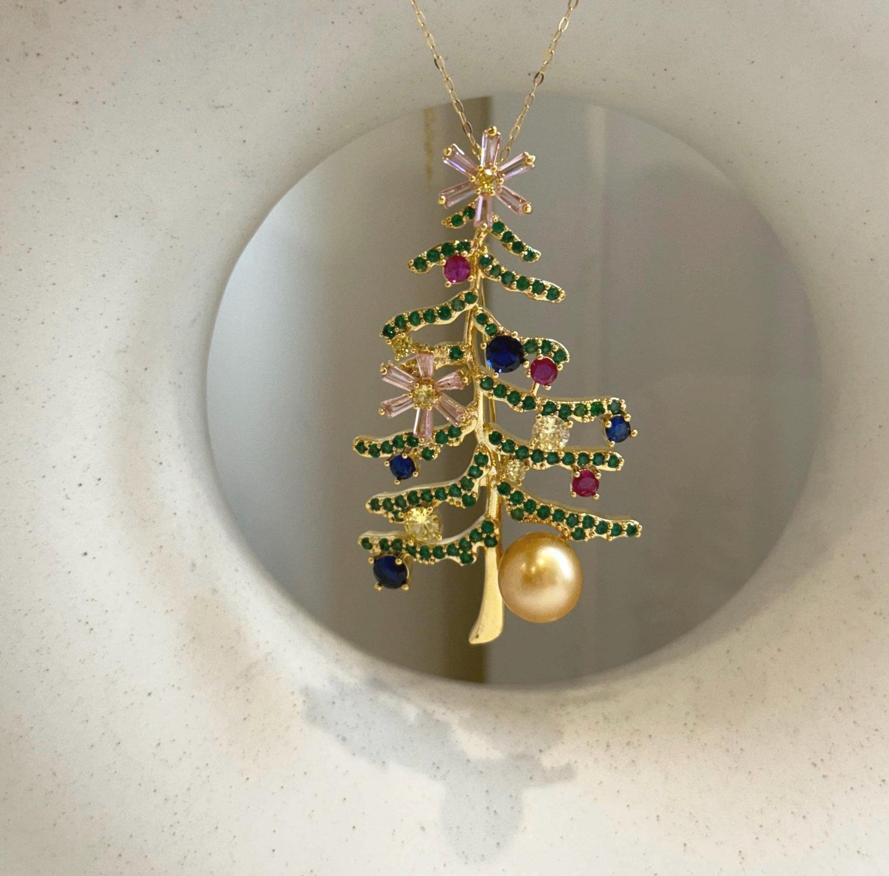 South Sea Golden Pearl Christmas Tree Brooch Pendant 2in1: 9.8x10.2mm, 3.3x6.2cm, colorful tree. with s925 silver chain adjustable.