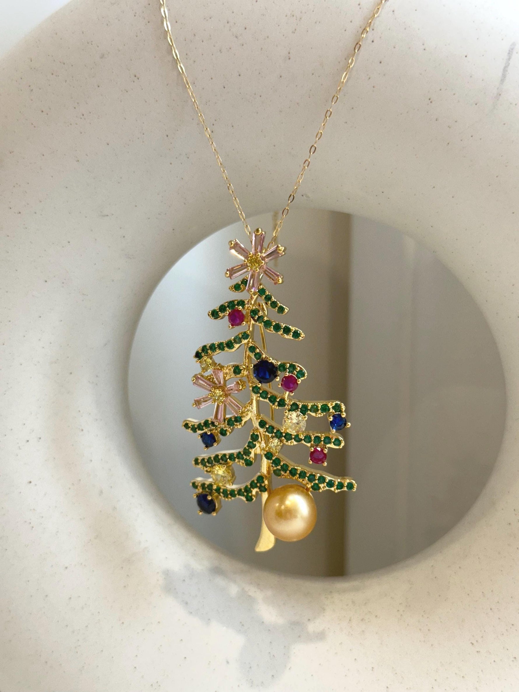 South Sea Golden Pearl Christmas Tree Brooch Pendant 2in1: 9.8x10.2mm, 3.3x6.2cm, colorful tree. with s925 silver chain adjustable.