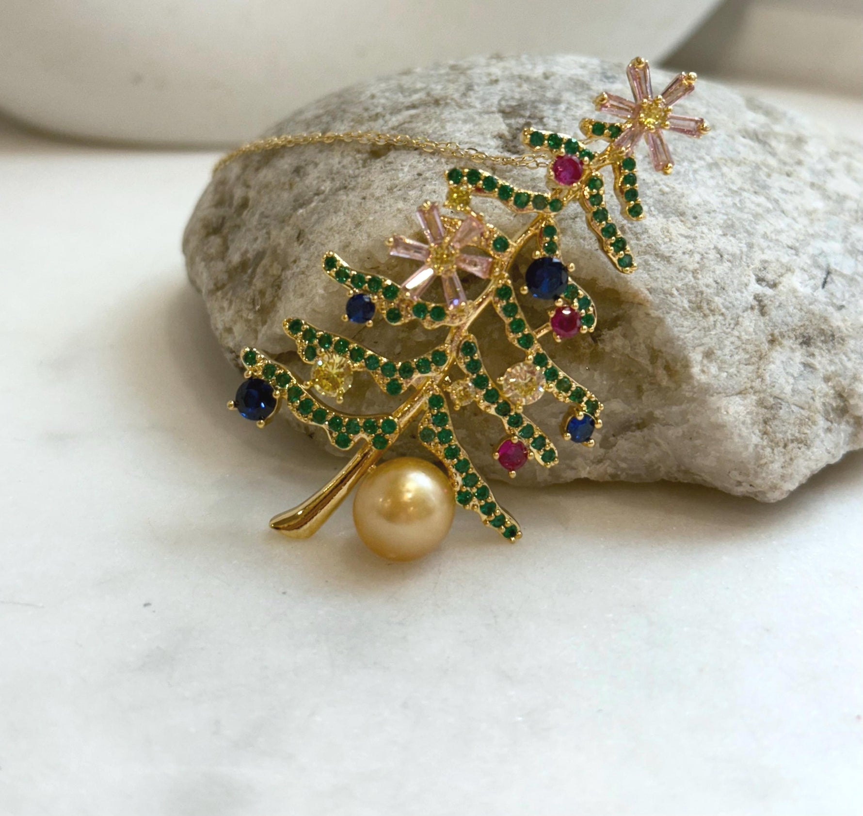 South Sea Golden Pearl Christmas Tree Brooch Pendant 2in1: 9.8x10.2mm, 3.3x6.2cm, colorful Christmas tree design. with s925 silver chain.
