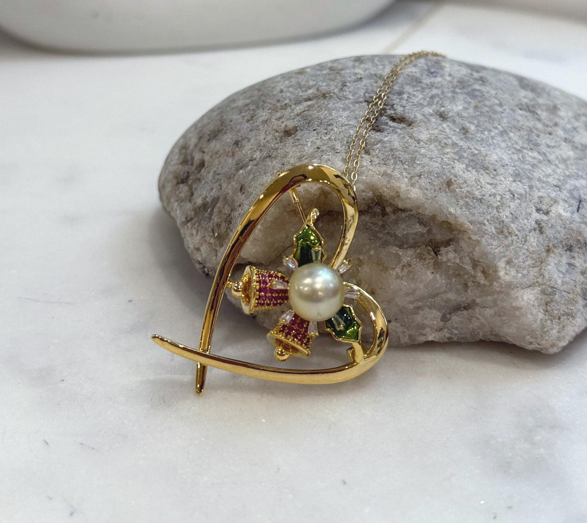 South Sea Golden Pearl Christmas Brooch Pendant 2in1: 8.8mm, Heart Bell design, 3.5x4cm. with s925 silver chain.