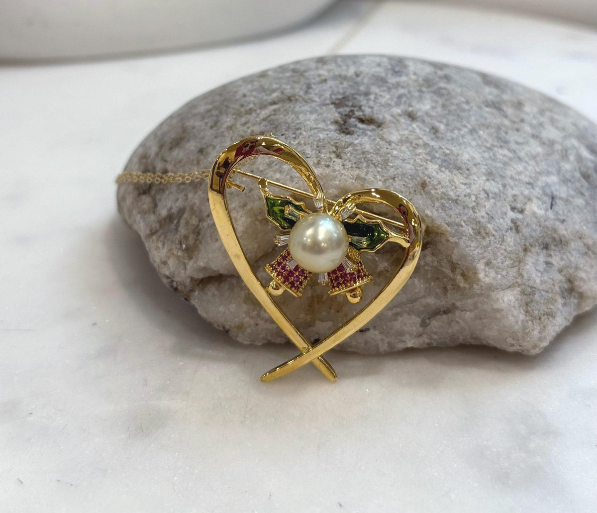 South Sea Golden Pearl Christmas Brooch Pendant 2in1: 8.8mm, Heart Bell design, 3.5x4cm. with s925 silver chain.