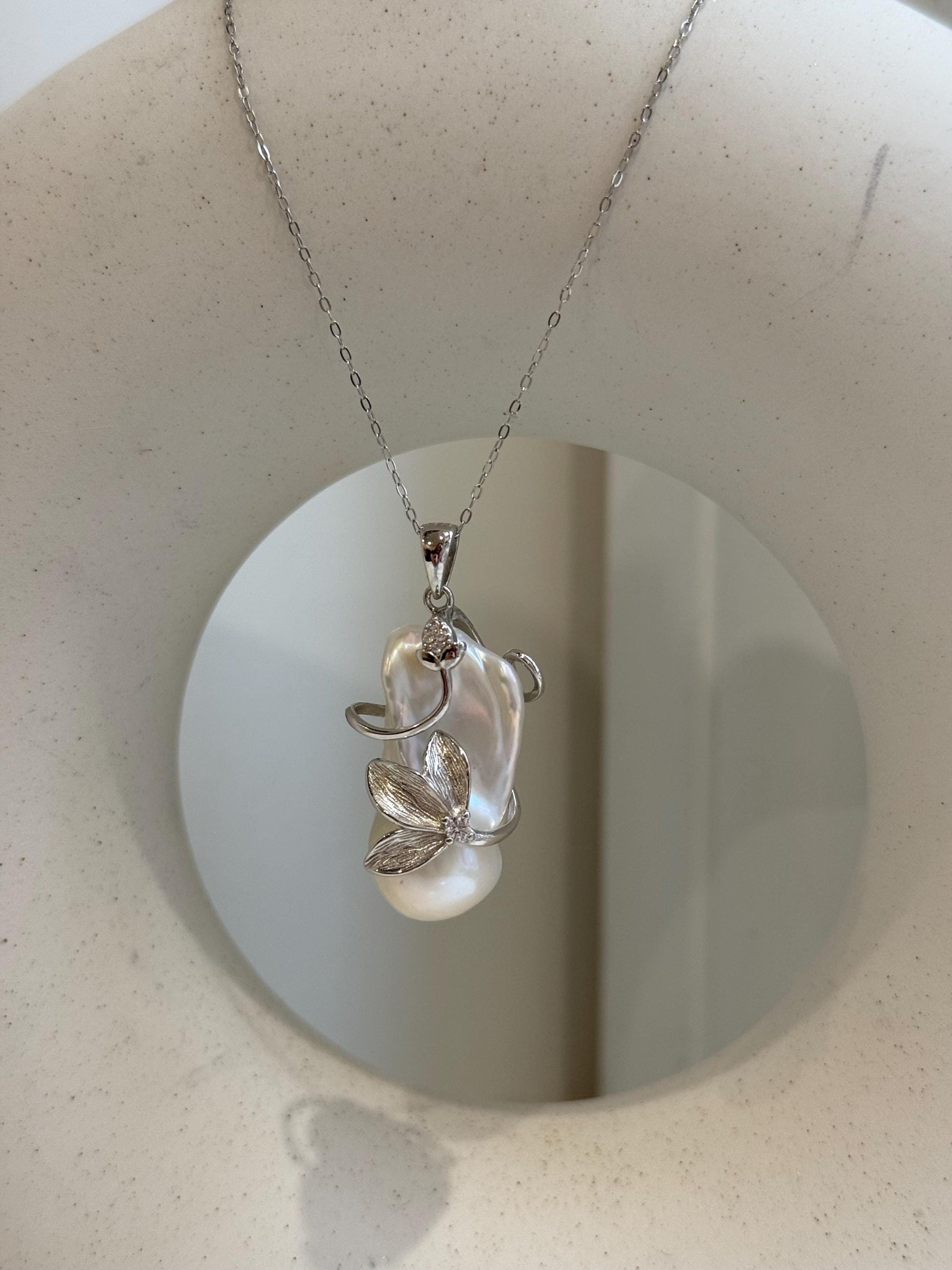 White Iridescent baroque pearl Pendant: Extreme luster, 15.6x29mm, 3.8 high, S925 silver Floral pendant chain necklace set.  gift for her birthday