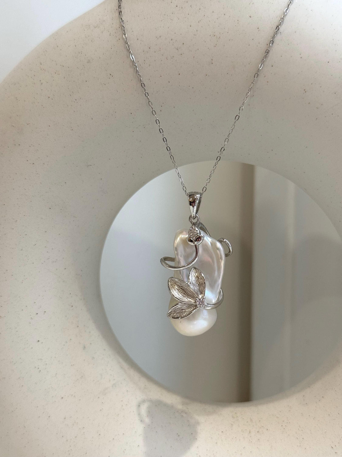 White Iridescent baroque pearl Pendant: Extreme luster, 15.6x29mm, 3.8 high, S925 silver Floral pendant chain necklace set.