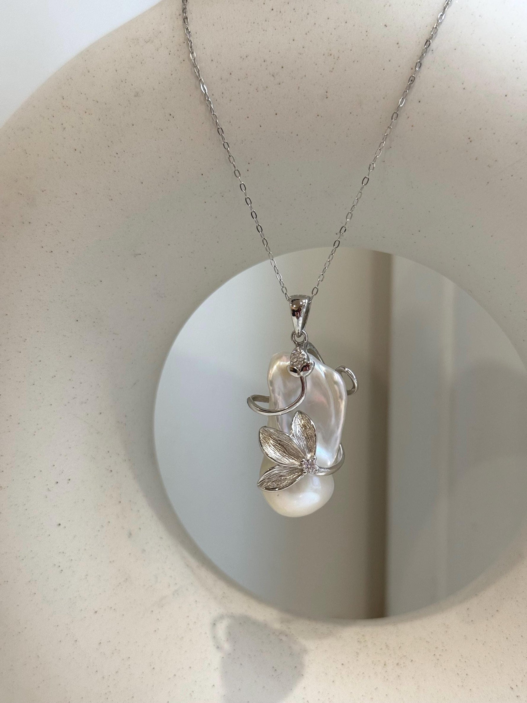White Iridescent baroque pearl Pendant: Extreme luster, 15.6x29mm, 3.8 high, S925 silver Floral pendant chain necklace set.