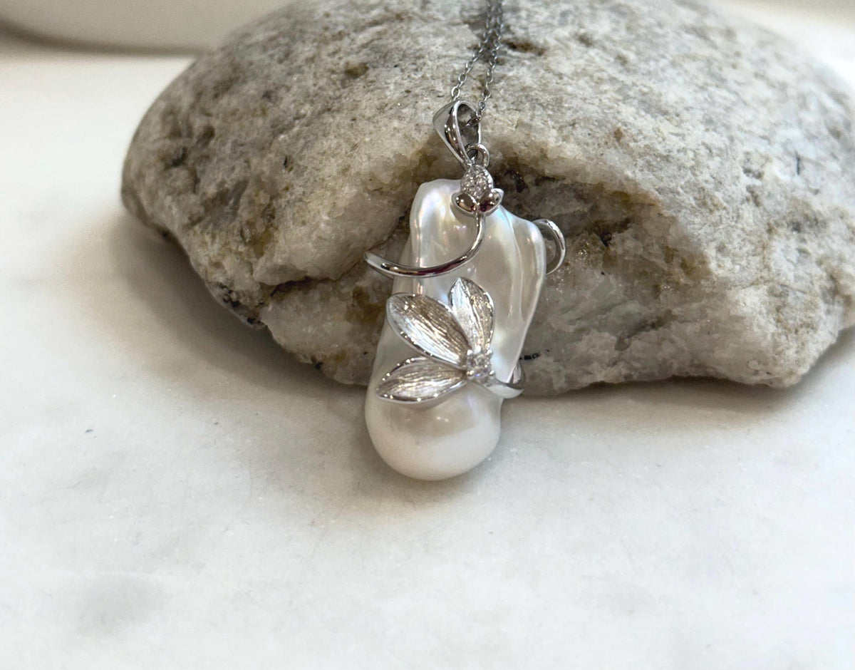 White Iridescent baroque pearl Pendant: Extreme luster, 15.6x29mm, 3.8 high, S925 silver Floral pendant chain necklace set.  gift for her birthday