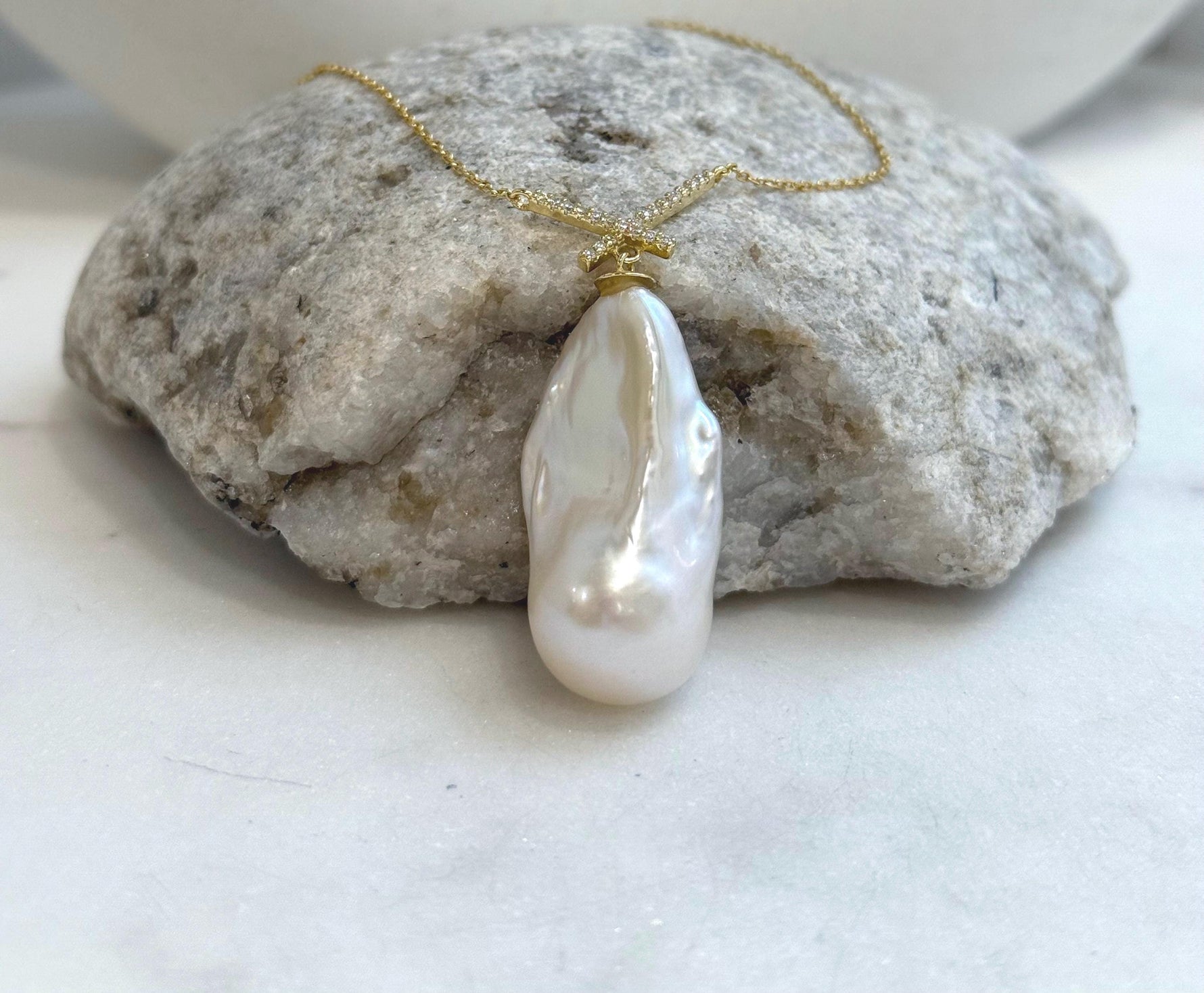 White Iridescent baroque pearl Pendant Necklace Set: Extreme luster, 15.5x31mm, S925 silver Cool pendant chain necklace set.gift for her daily wear